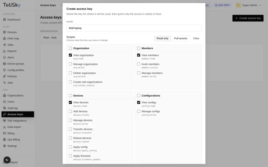 The Create access key dialog with grouped permission checkboxes and Read only, Full access, and Clear preset buttons.