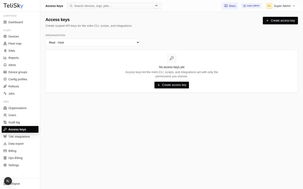 The Access keys page in the cloud portal with an organization selector and a Create access key button.