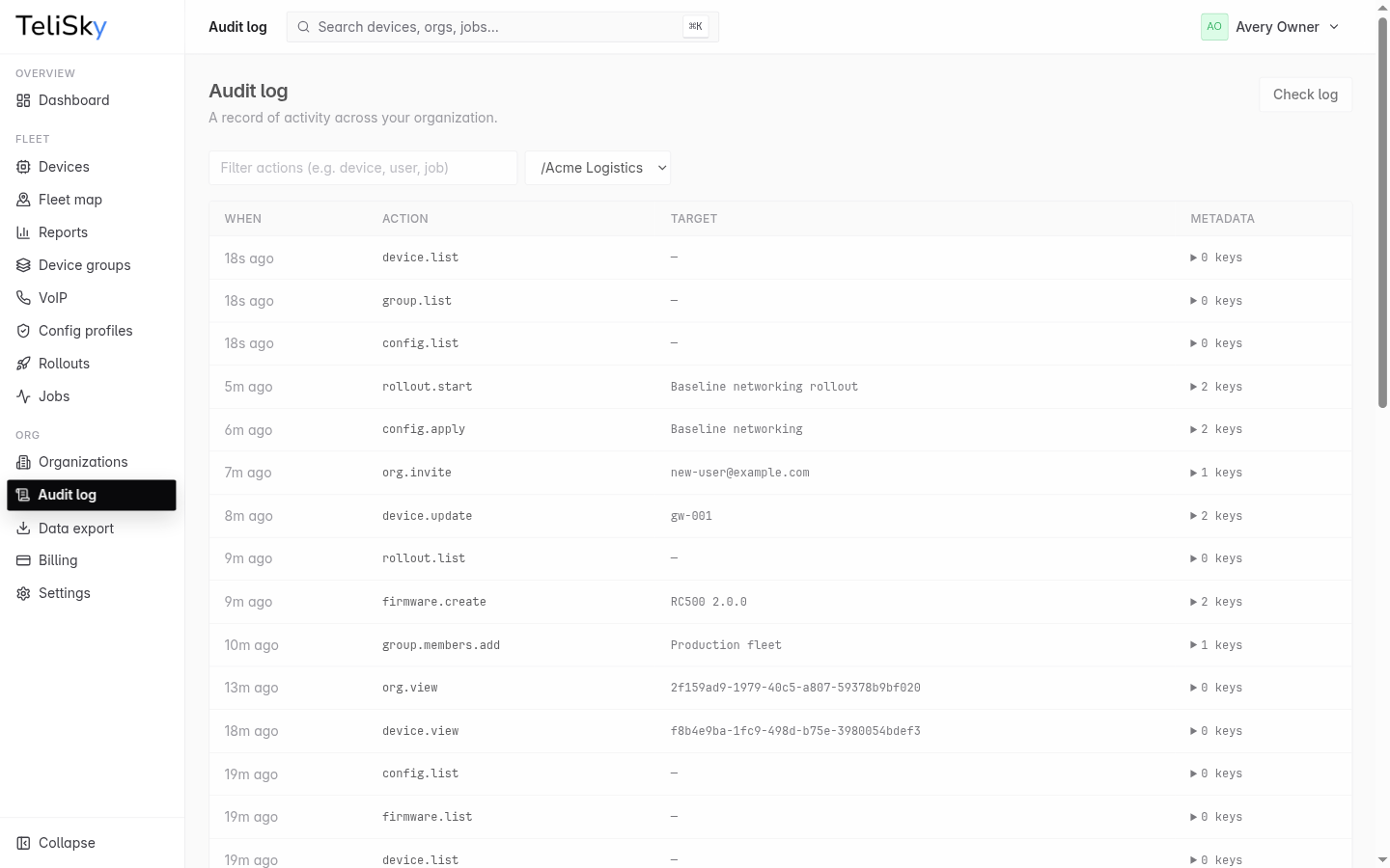 Audit Log page showing activity rows, action filters, organization filter, target, metadata, and verification controls.