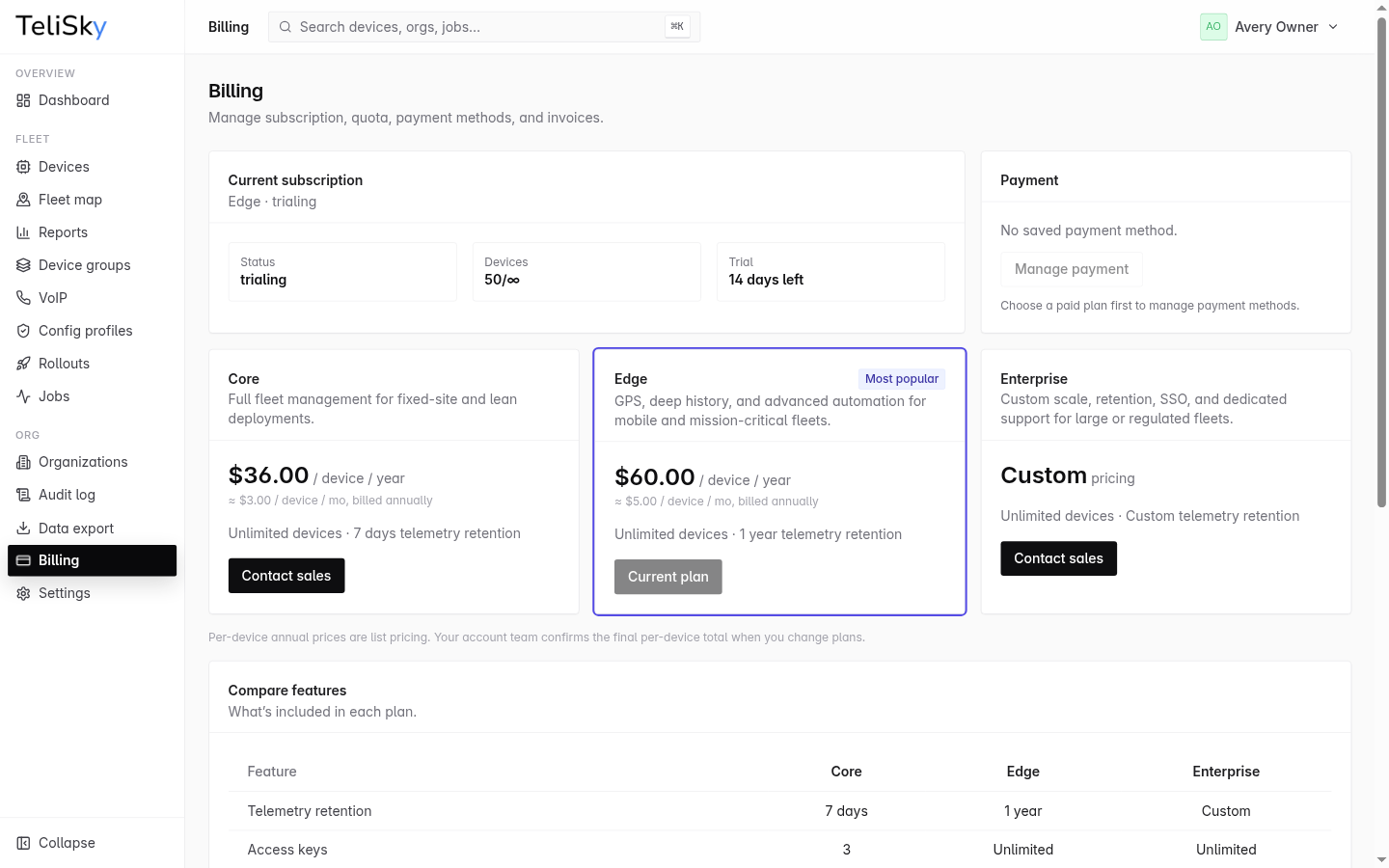 Billing page showing subscription status, plan, device usage, payment methods, invoices, and feature availability.