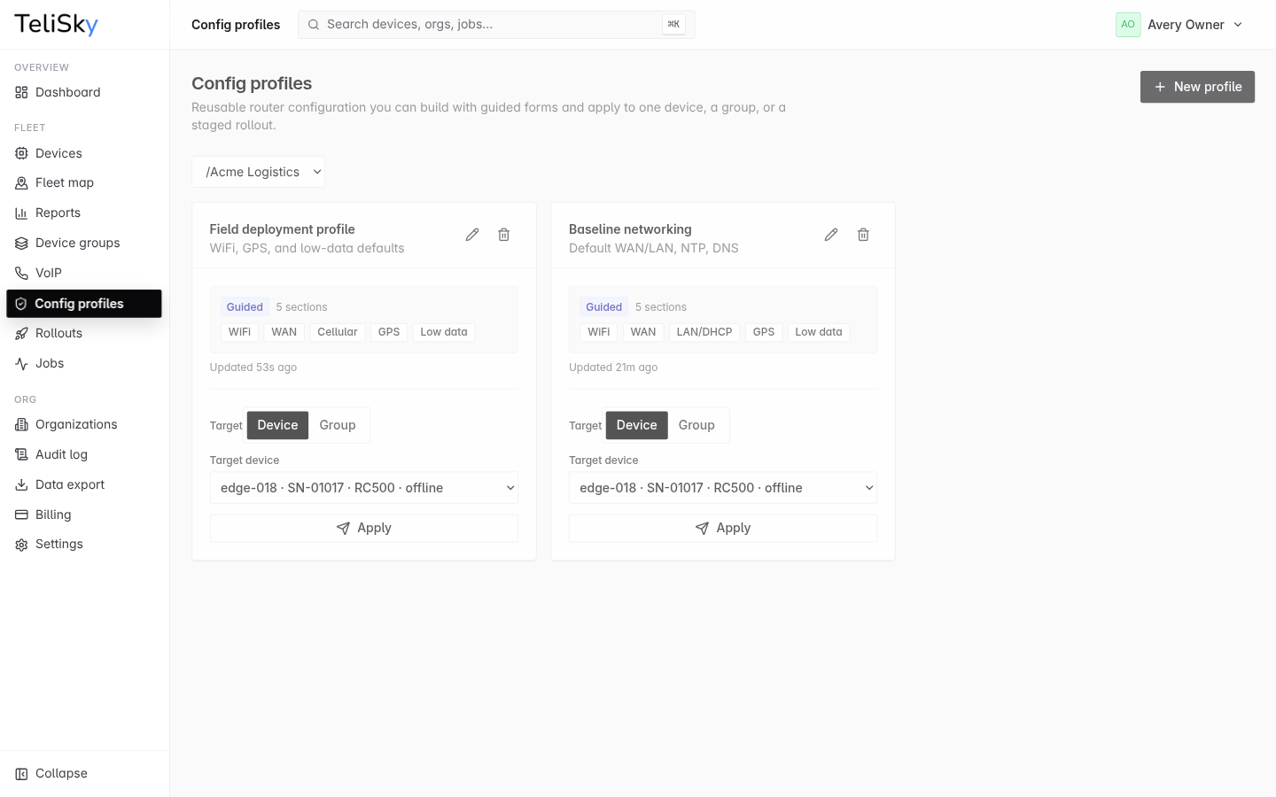 Config Profiles page showing saved profiles, organization filter, new profile button, profile status, and last updated information.