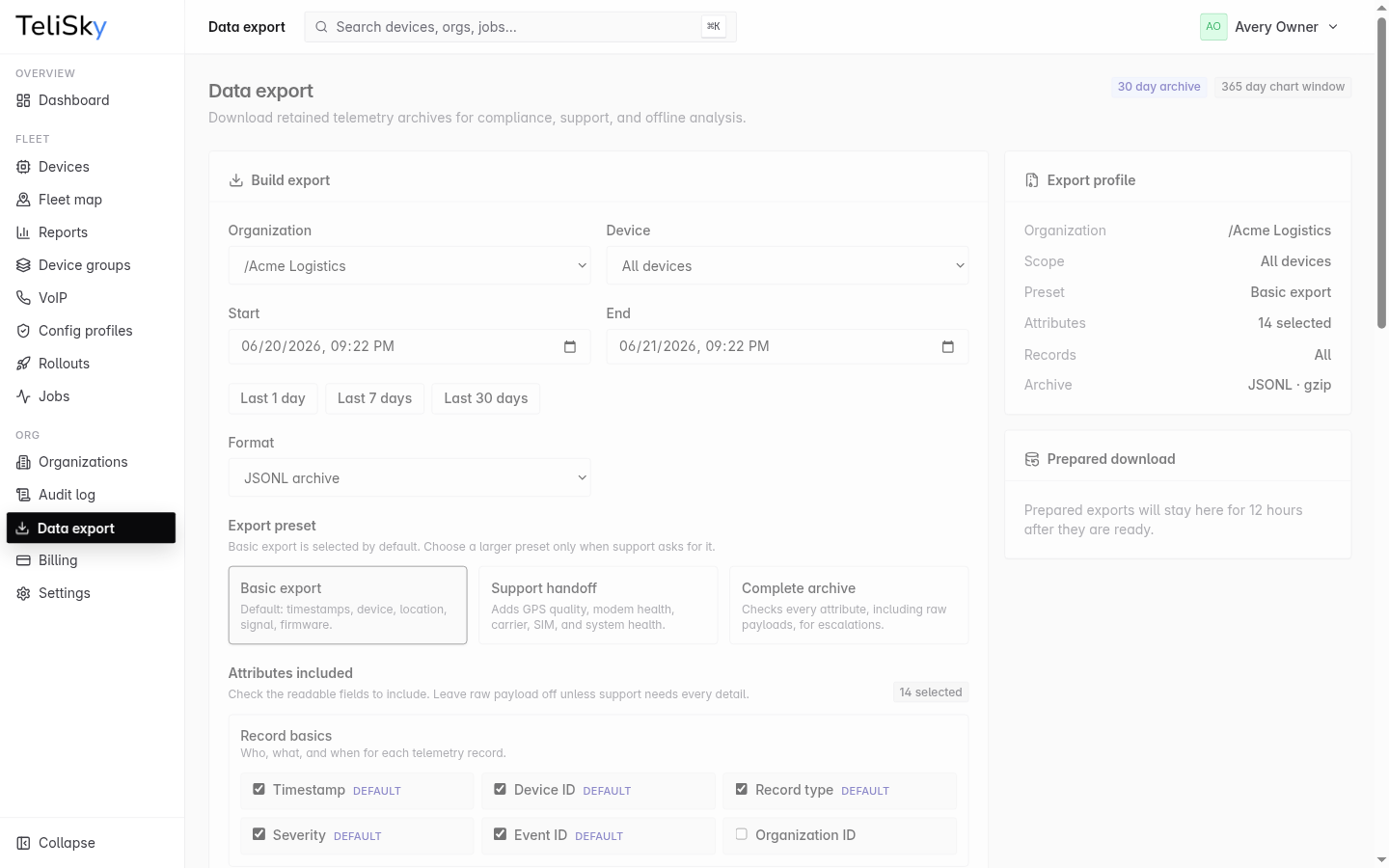 Data Export page showing organization and device selectors, date range controls, JSONL and CSV archive format choices, export presets, and selectable telemetry attributes.