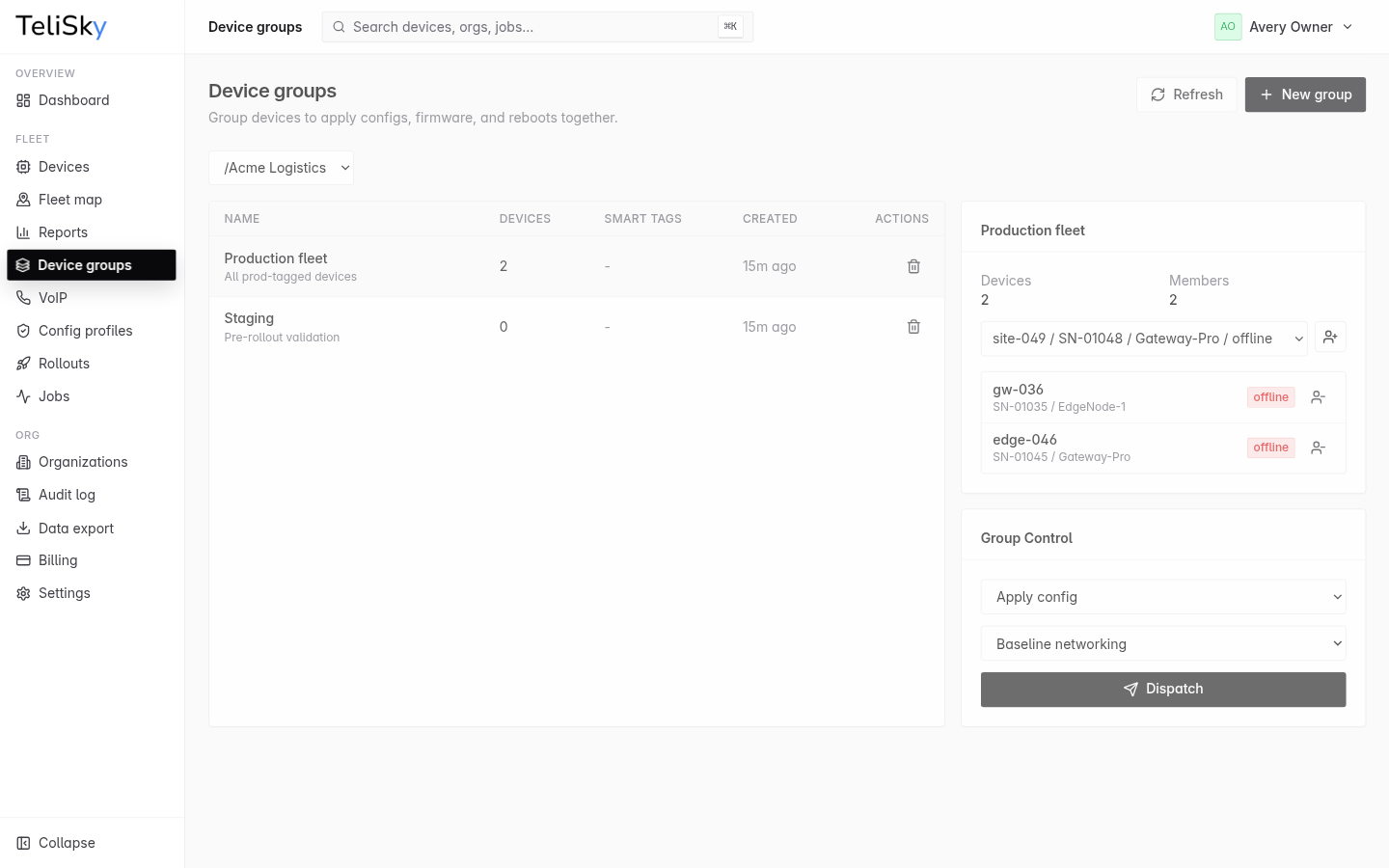 Device Groups page showing the group list, member counts, smart tag counts, and create group button.