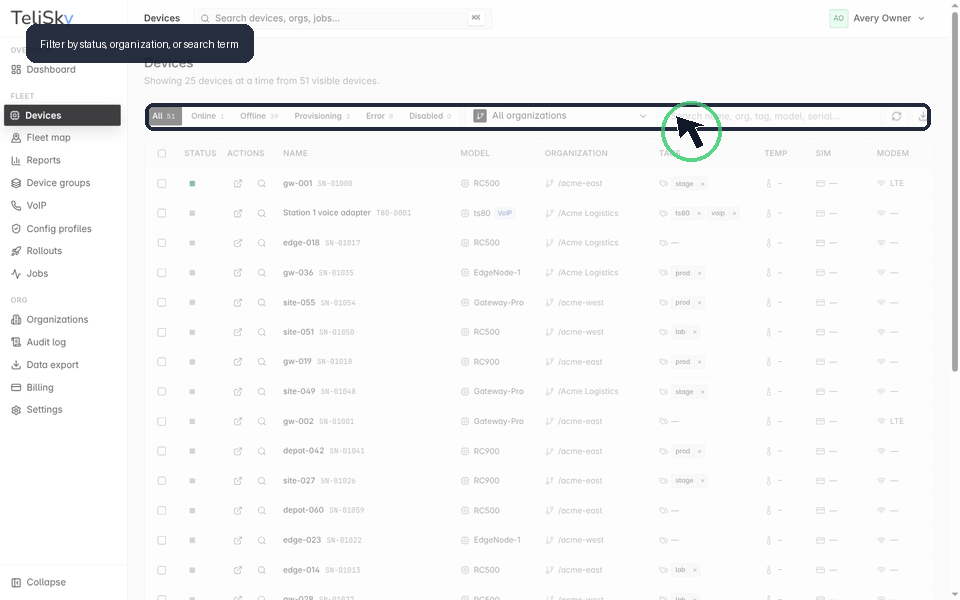 Animated walkthrough showing device list filters, device row actions, the device detail action bar, and the router settings menu.