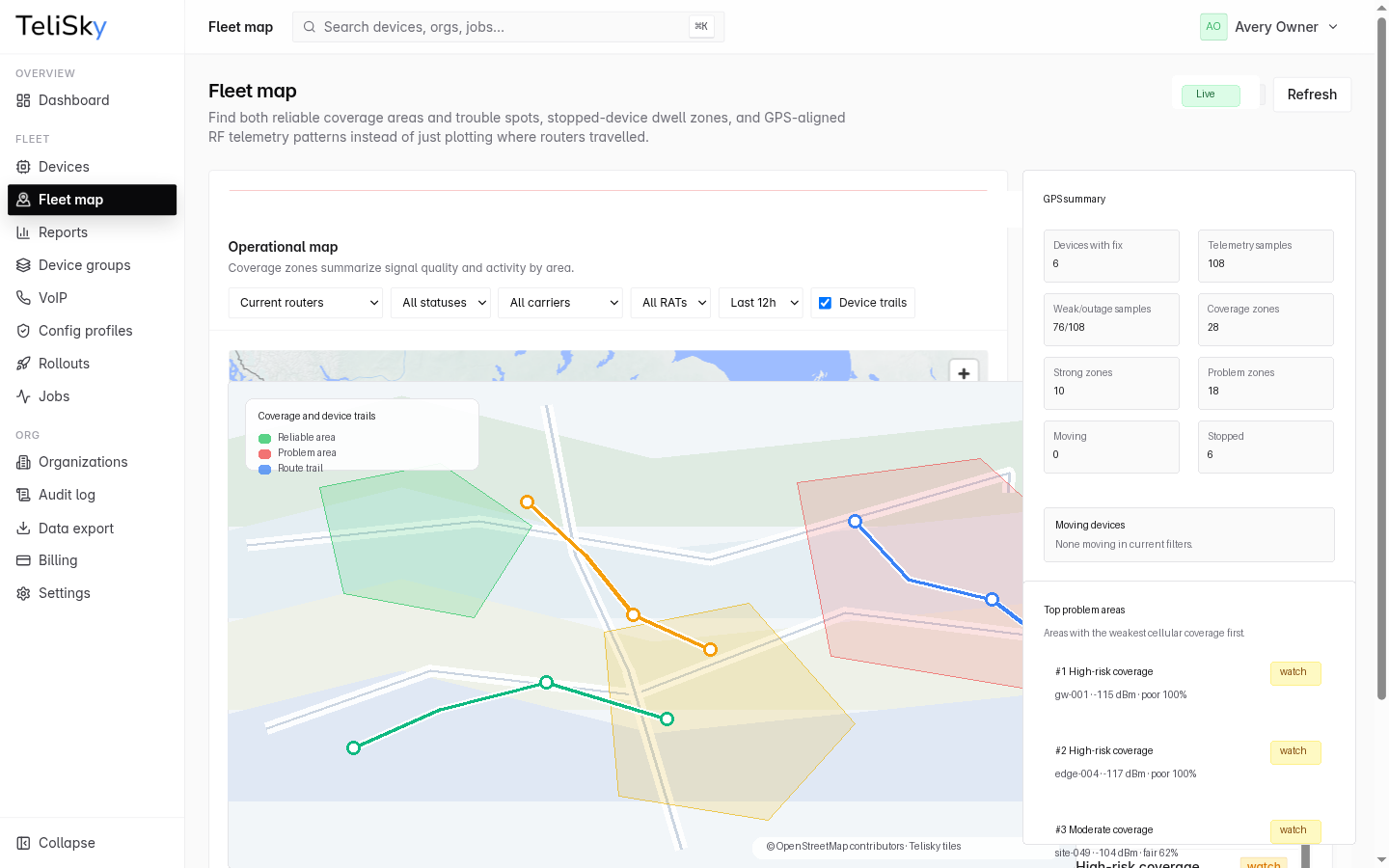 Fleet Map page showing map filters, GPS summary cards, problem areas, coverage zones, and device trail lines on the operational map.