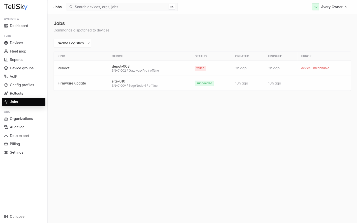 Jobs page showing dispatched actions, device names, statuses, creation times, completion times, and job errors.