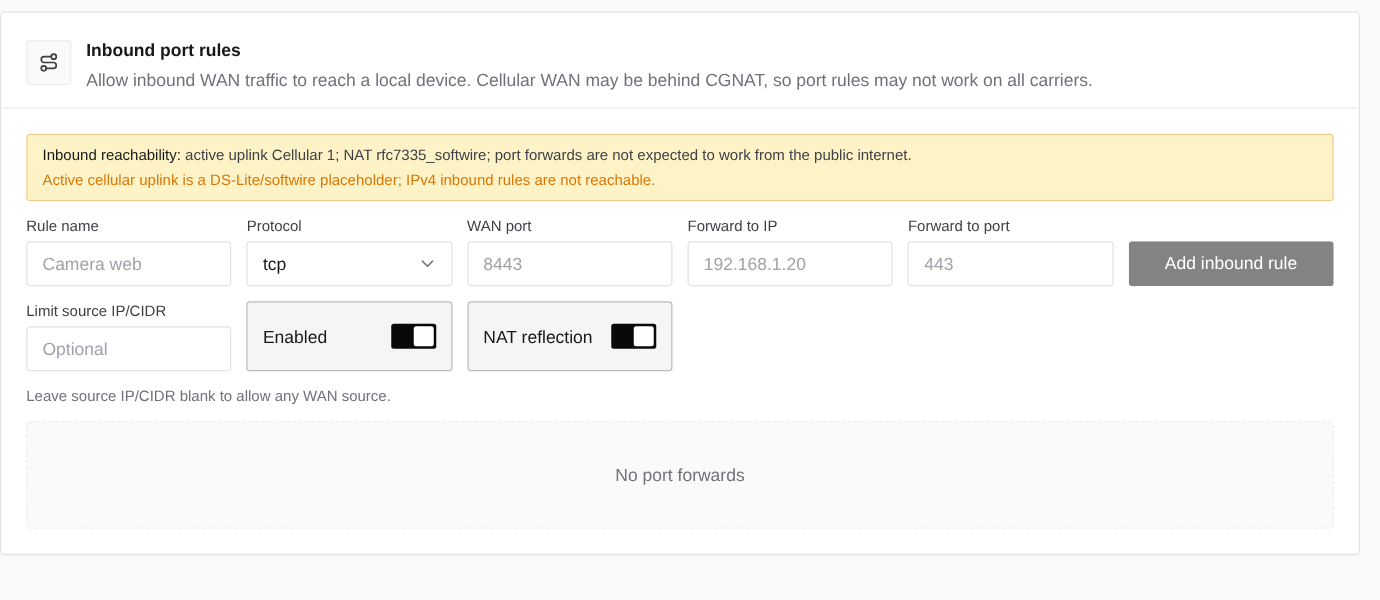 Telisky MDM Inbound port rules panel showing the reachability warning, rule fields, source restriction, enabled switch, and NAT reflection switch.