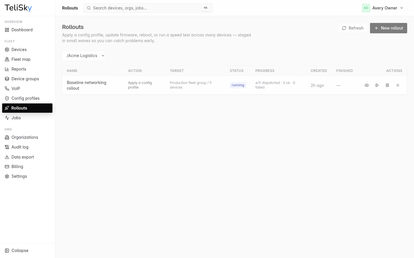Rollouts page showing a running baseline networking rollout with its target group, status, dispatched progress, success count, created time, and action buttons.