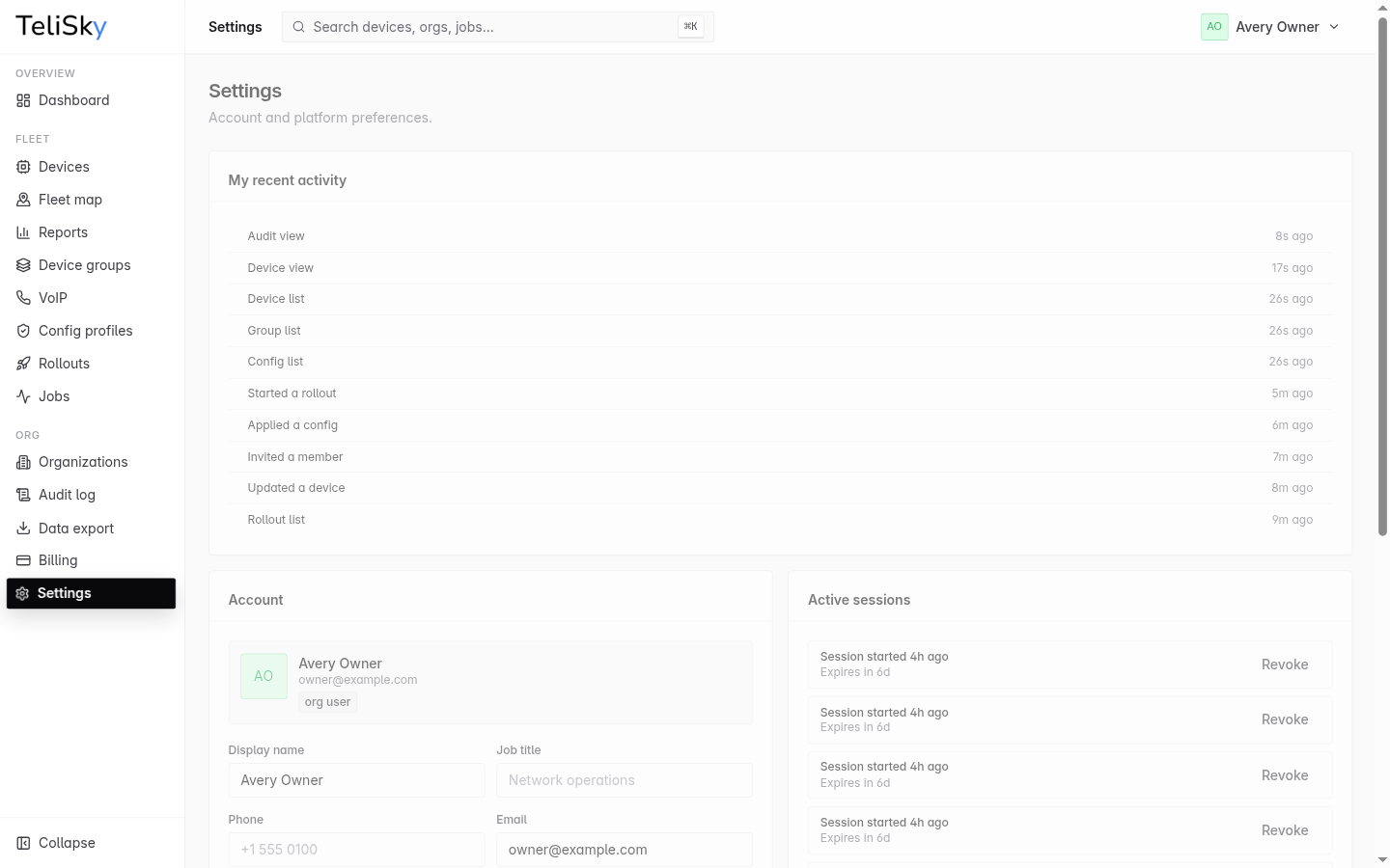 Settings page showing account profile fields, active sessions, and recent account activity.