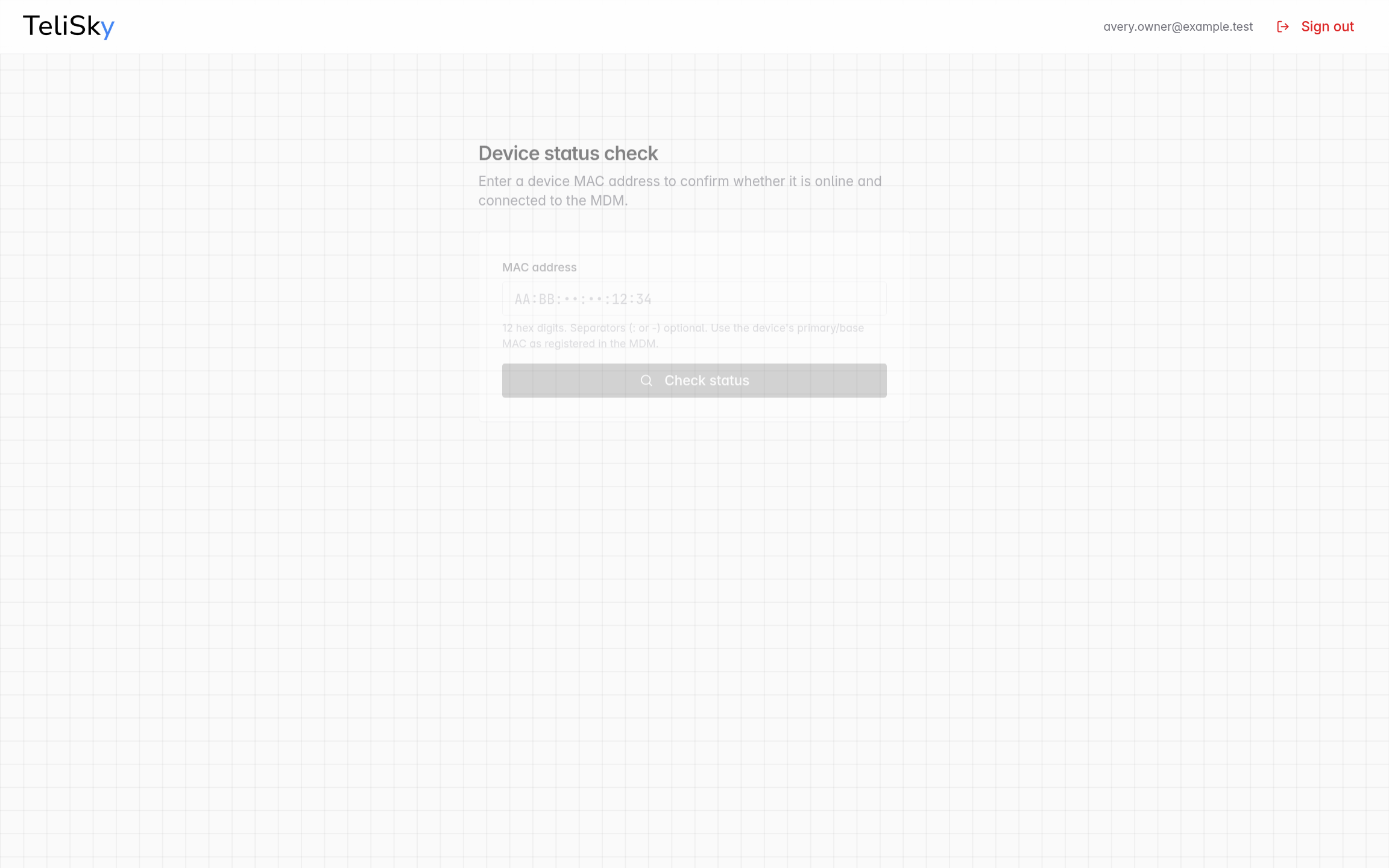 Redacted demo installer status check page with a masked MAC address field and Check status button.