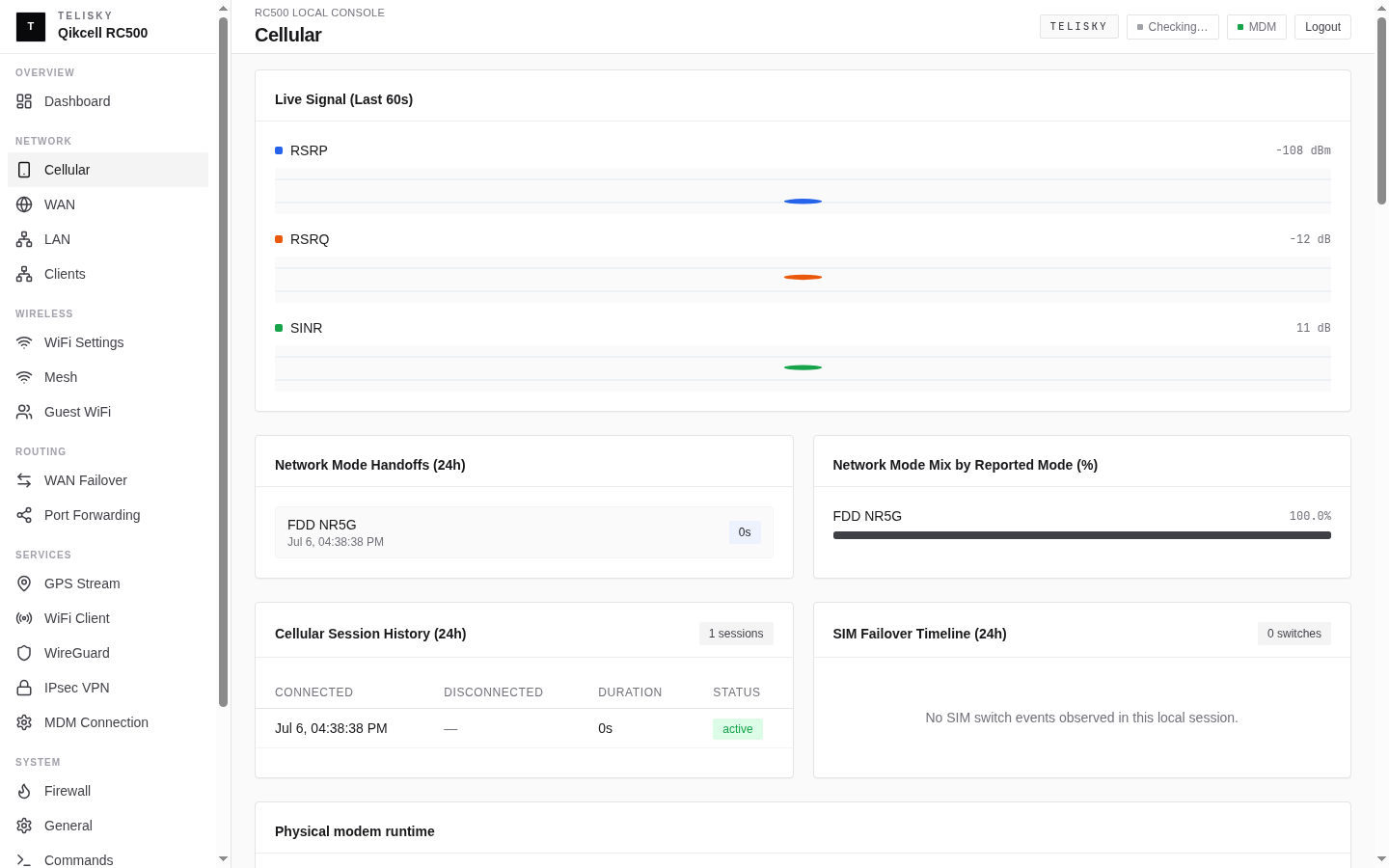 Local Web UI Cellular page showing live RSRP, RSRQ, and SINR signal readings, network mode history, cellular session history, and SIM failover timeline.