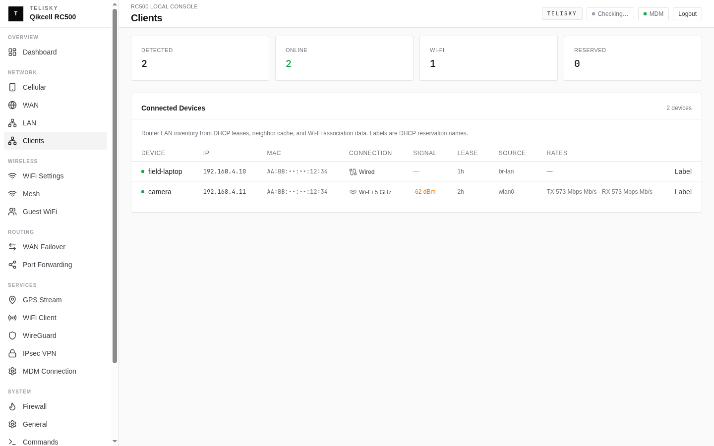 Local Web UI Clients page showing detected, online, WiFi, and reserved client counts plus a connected devices table with masked MAC addresses.