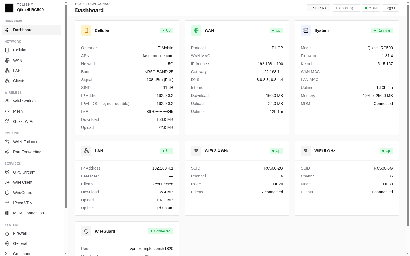 Local Web UI dashboard showing RC500 cellular, WAN, LAN, WiFi, system, and WireGuard status cards with demo data.