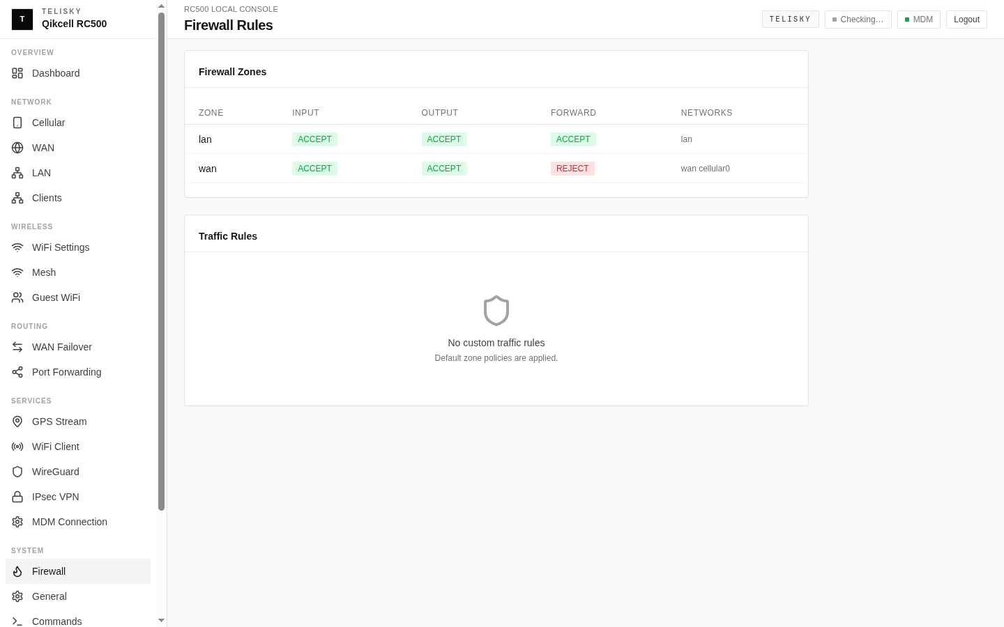 Local Web UI Firewall Rules page showing forward, input, output, and NAT rule statuses with a read-only rules list.