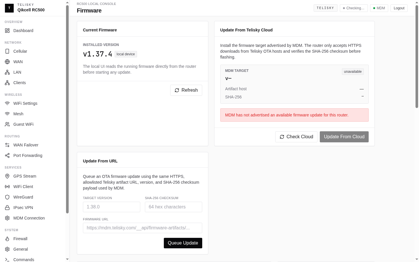Local Web UI Firmware page showing installed firmware, cloud-advertised update status, URL update fields, and queue update controls.