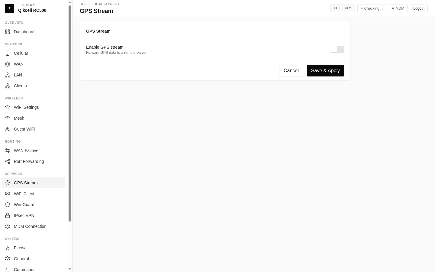 Local Web UI GPS Stream page showing GPS stream enablement, host, port, protocol, and Save and Apply controls.