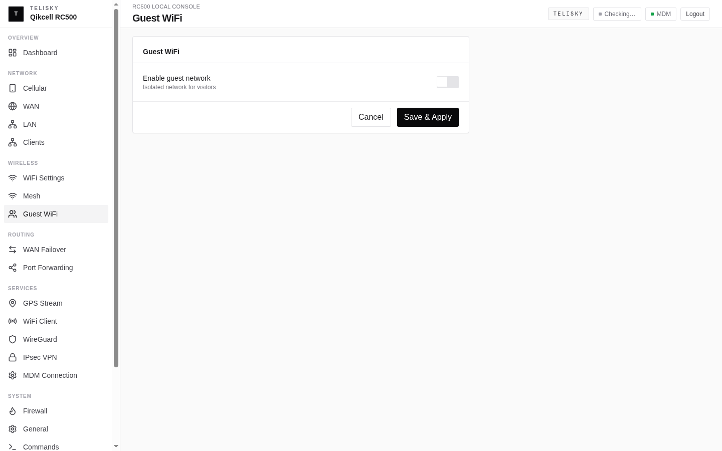 Local Web UI Guest WiFi page showing guest network enablement, SSID, password, and Save and Apply controls.
