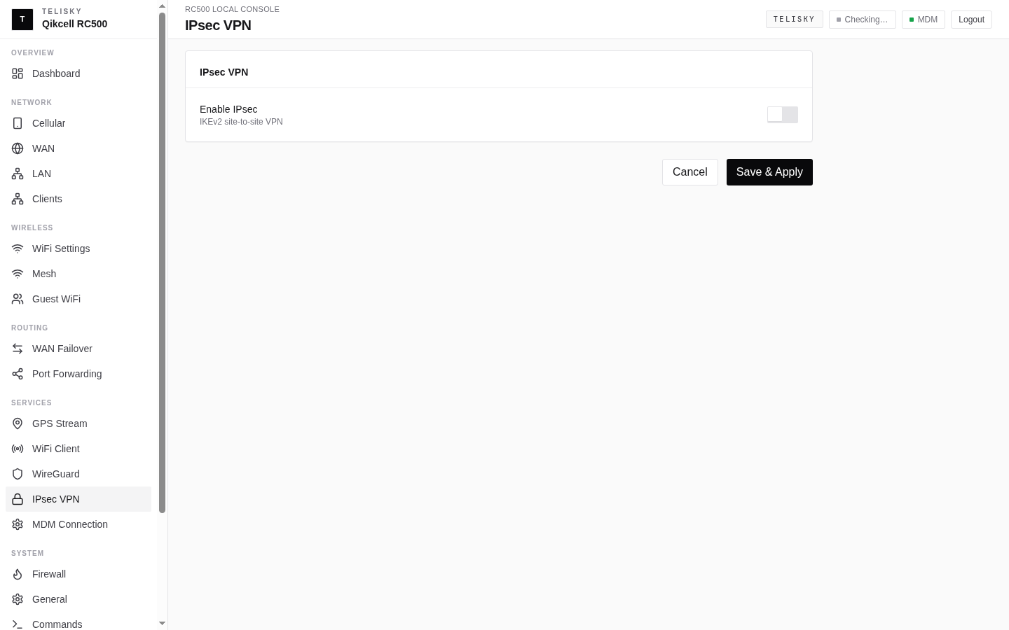 Local Web UI IPsec VPN page showing IPsec enablement, site tunnel fields, and Save and Apply controls.