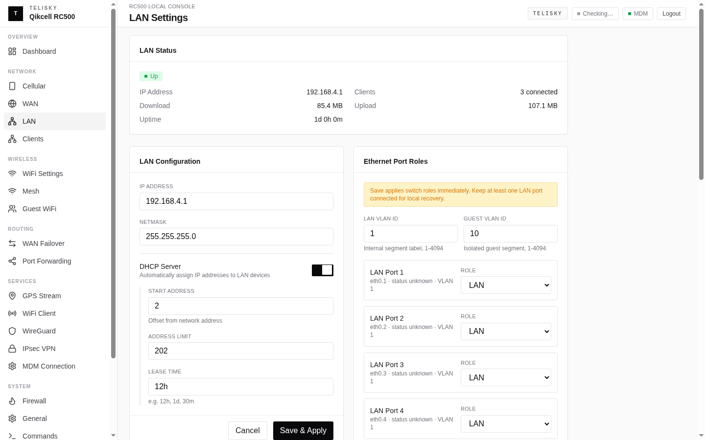 Local Web UI LAN Settings page showing router LAN address, DHCP settings, LAN port roles, DNS options, and reserved IP address entries.