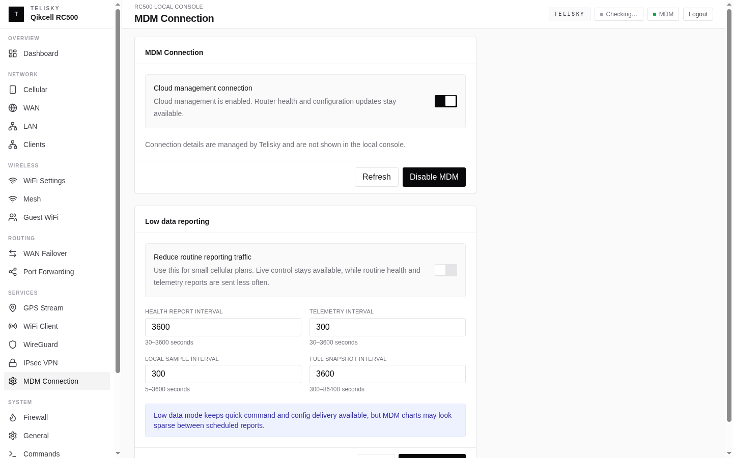 Local Web UI MDM Connection page showing cloud management enabled, low-data reporting controls, and reporting interval fields.
