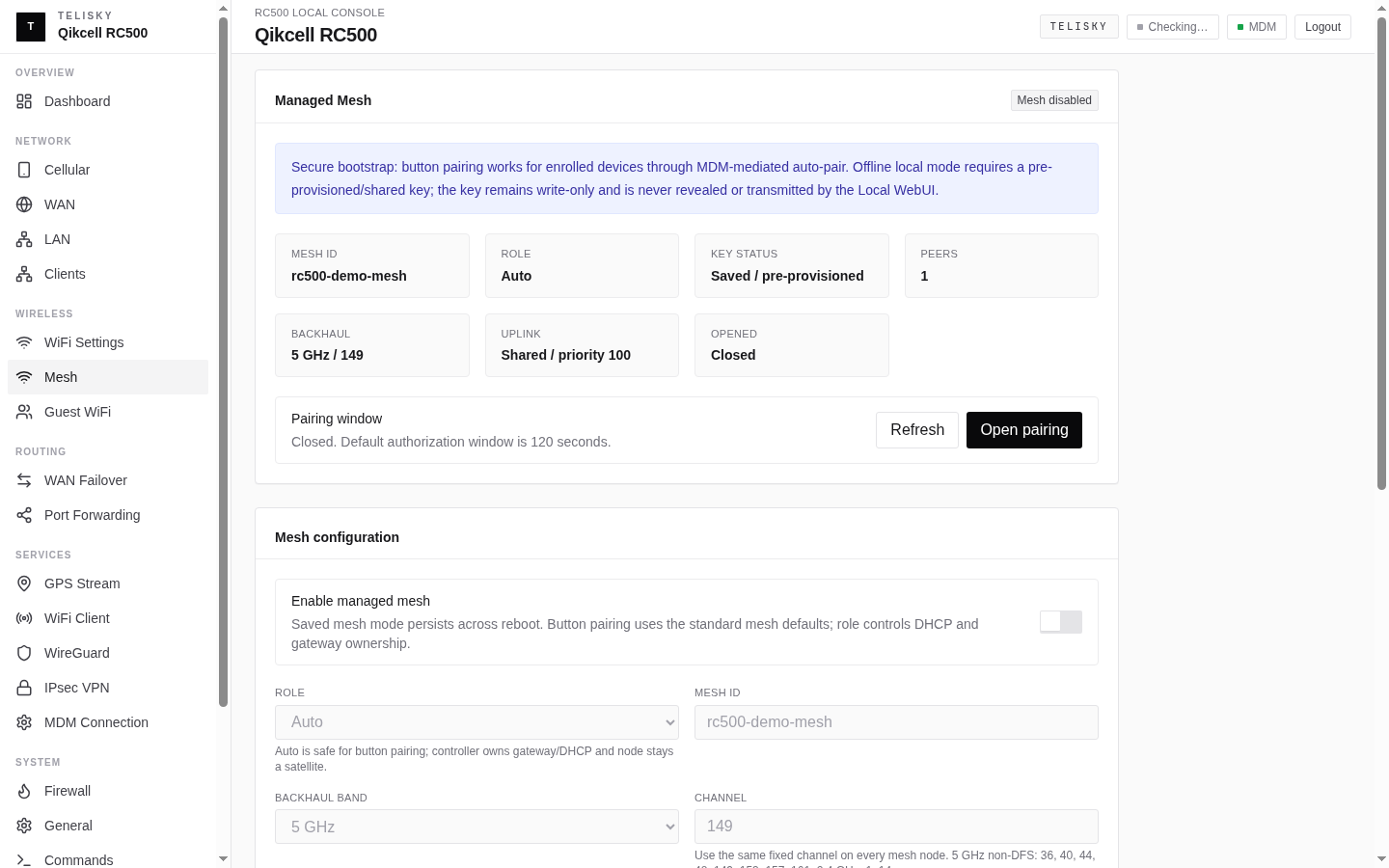 Local Web UI Managed Mesh page showing mesh status, peer count, pairing window, and mesh configuration fields.