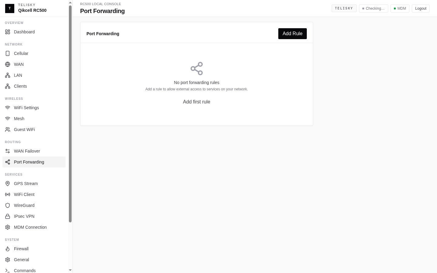 Local Web UI Port Forwarding page showing an empty inbound rule list and Add Rule button.
