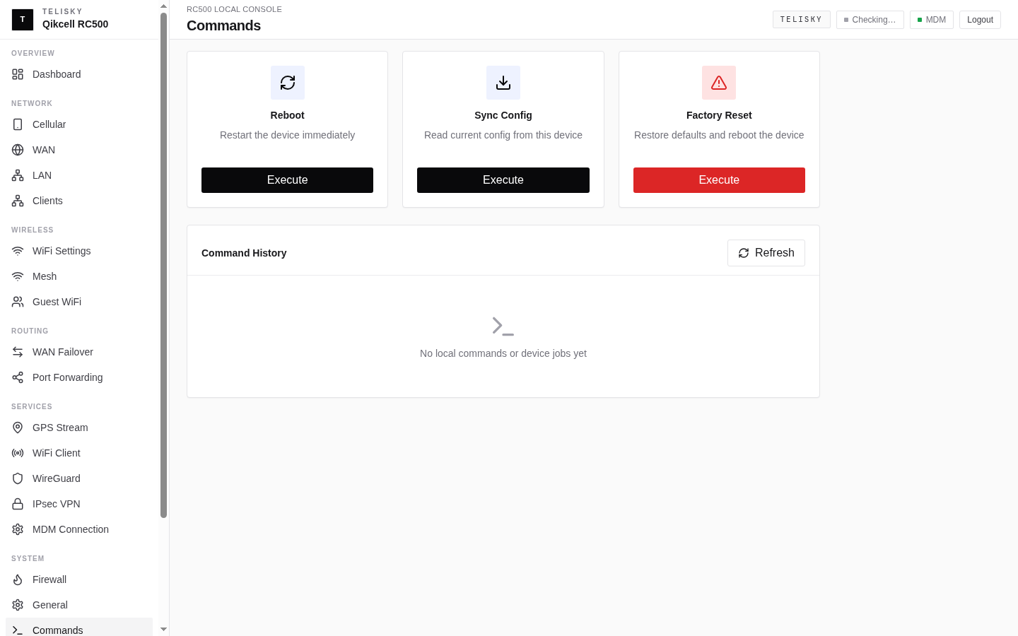 Local Web UI Commands page showing reboot, sync configuration, factory reset actions, and command history.