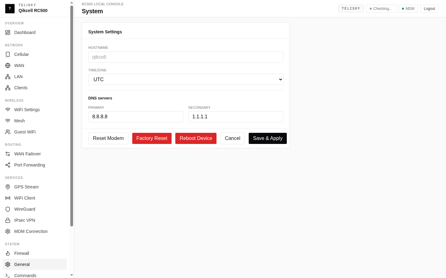 Local Web UI System page showing hostname, timezone, firmware, kernel, and system information with Save and Apply controls.