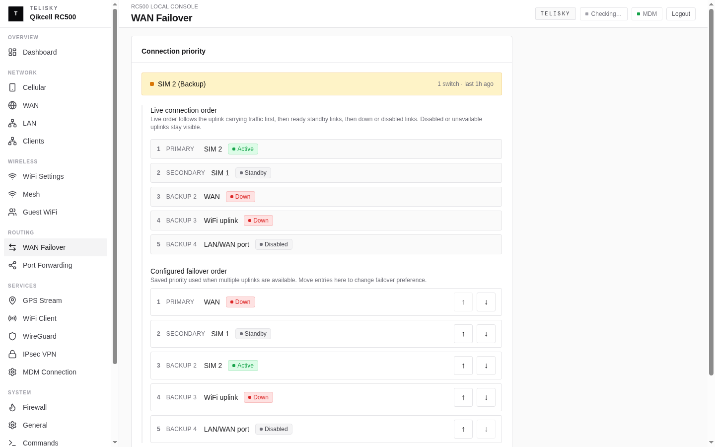 Local Web UI WAN Failover page showing connection priority, health-check settings, and per-uplink status rows.