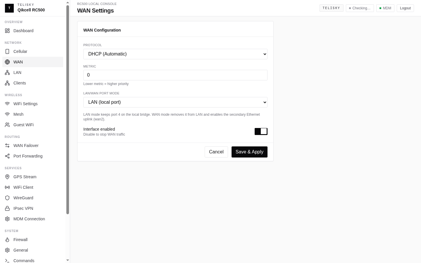 Local Web UI WAN Settings page showing WAN connection type, IP address, DNS, LAN/WAN port mode, and Save and Apply controls.