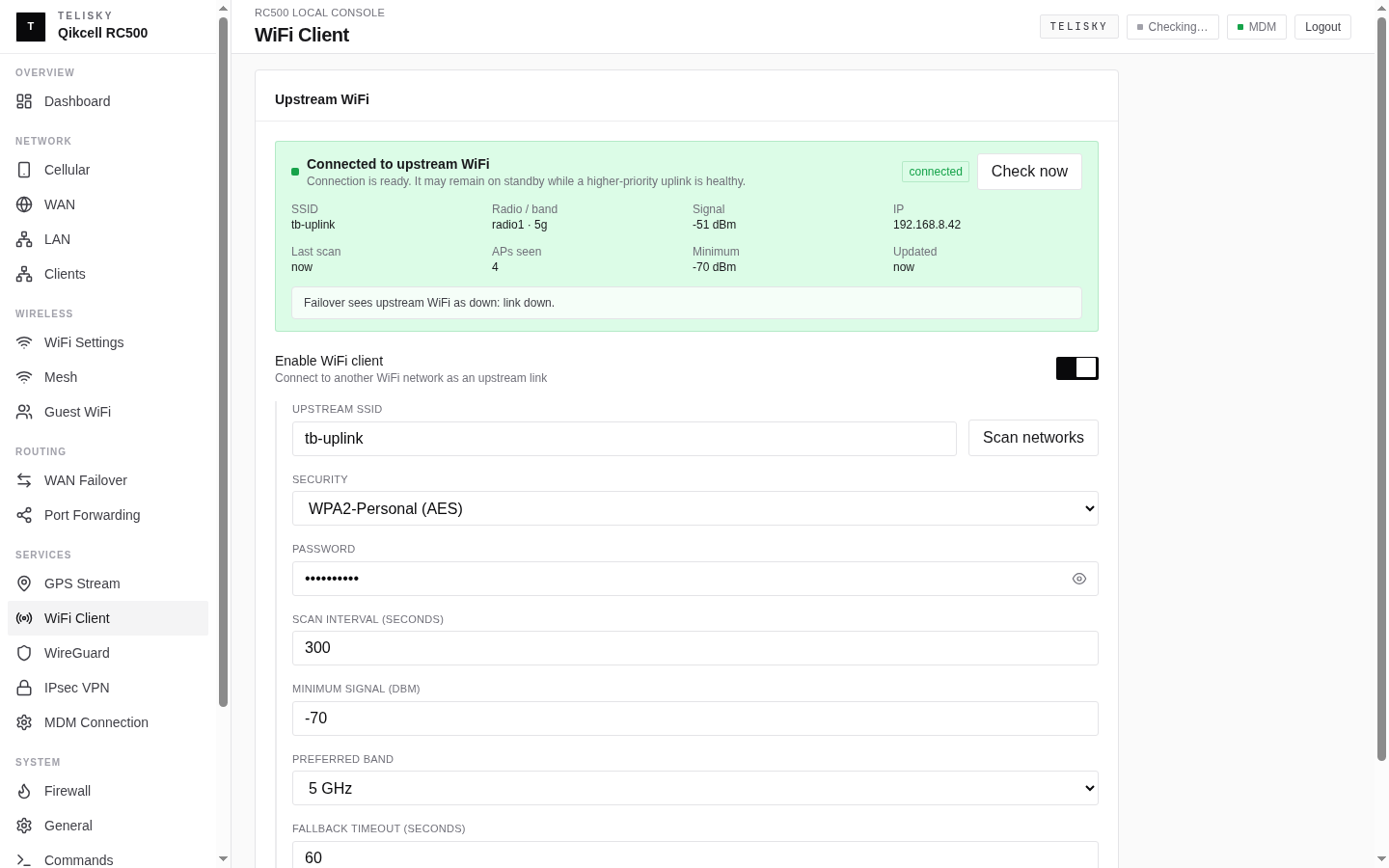 Local Web UI WiFi Client page showing a connected upstream network, signal, IP address, DNS, gateway, and uplink configuration fields.