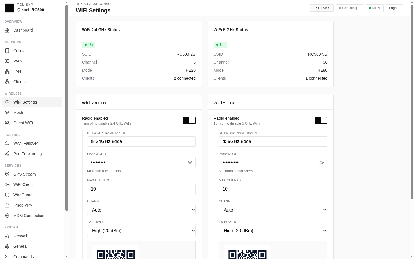 Local Web UI WiFi Settings page showing 2.4 GHz and 5 GHz radio status, SSID, channel, security, and join QR codes.