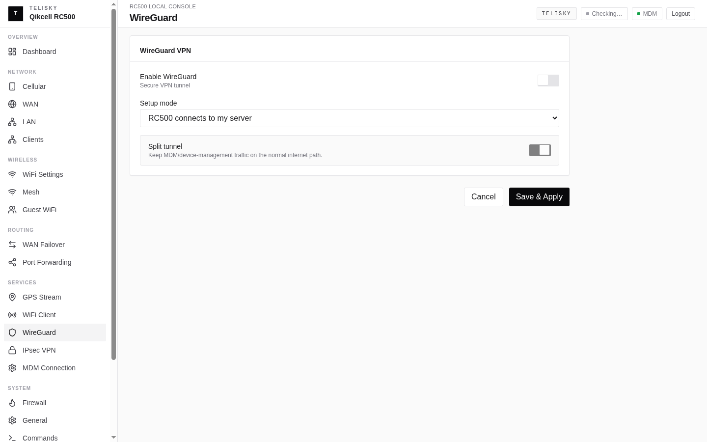 Local Web UI WireGuard page showing interface enablement, peer endpoint, allowed IPs, and Save and Apply controls.
