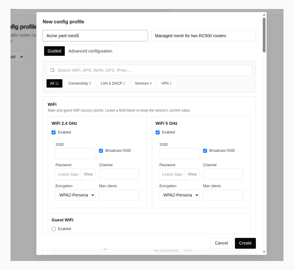 Animated browser-harness capture of the MDM Config Profiles page: create a new profile, search for Managed mesh, enable mesh, enter a Mesh ID, and enter a masked mesh key.