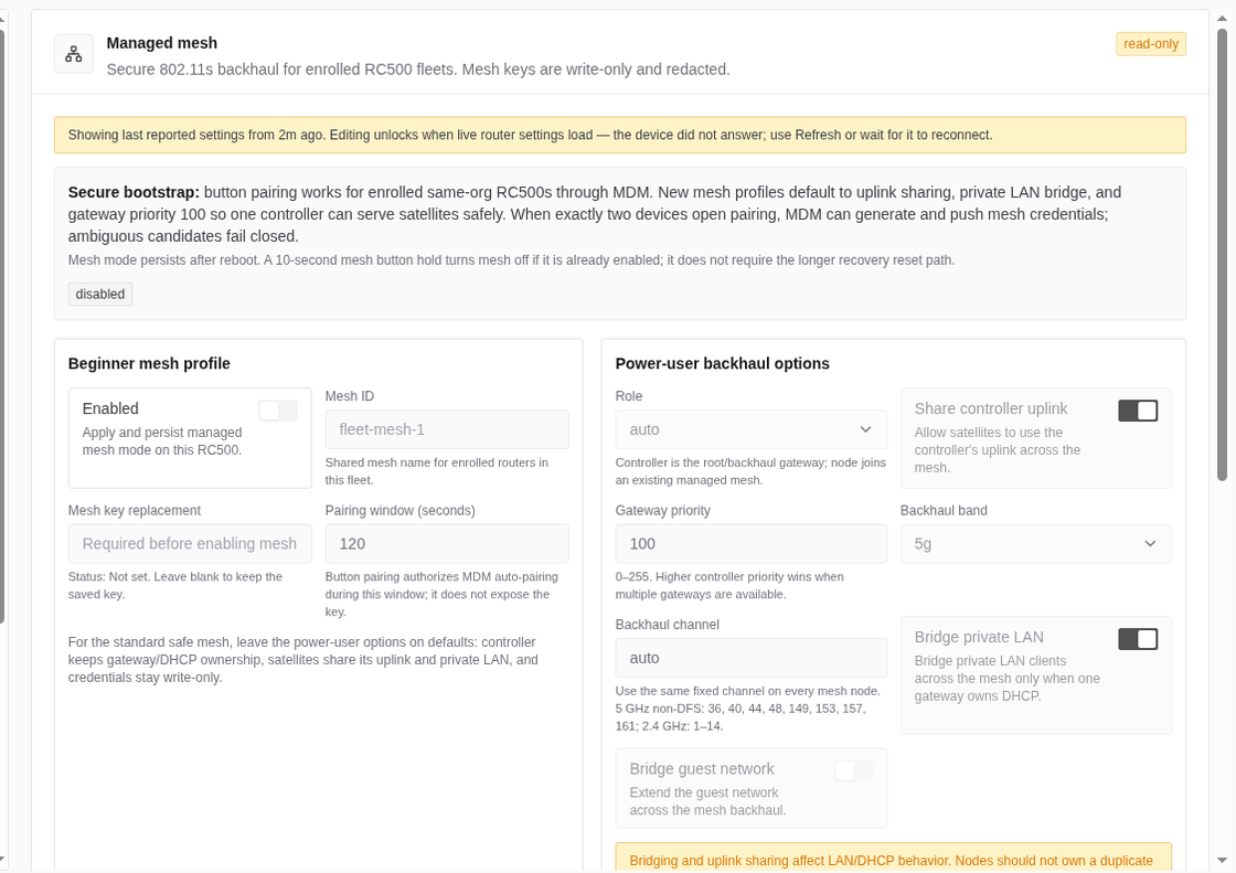 MDM Router settings Managed mesh section showing secure bootstrap copy, beginner mesh profile fields, power-user options, and live mesh status.